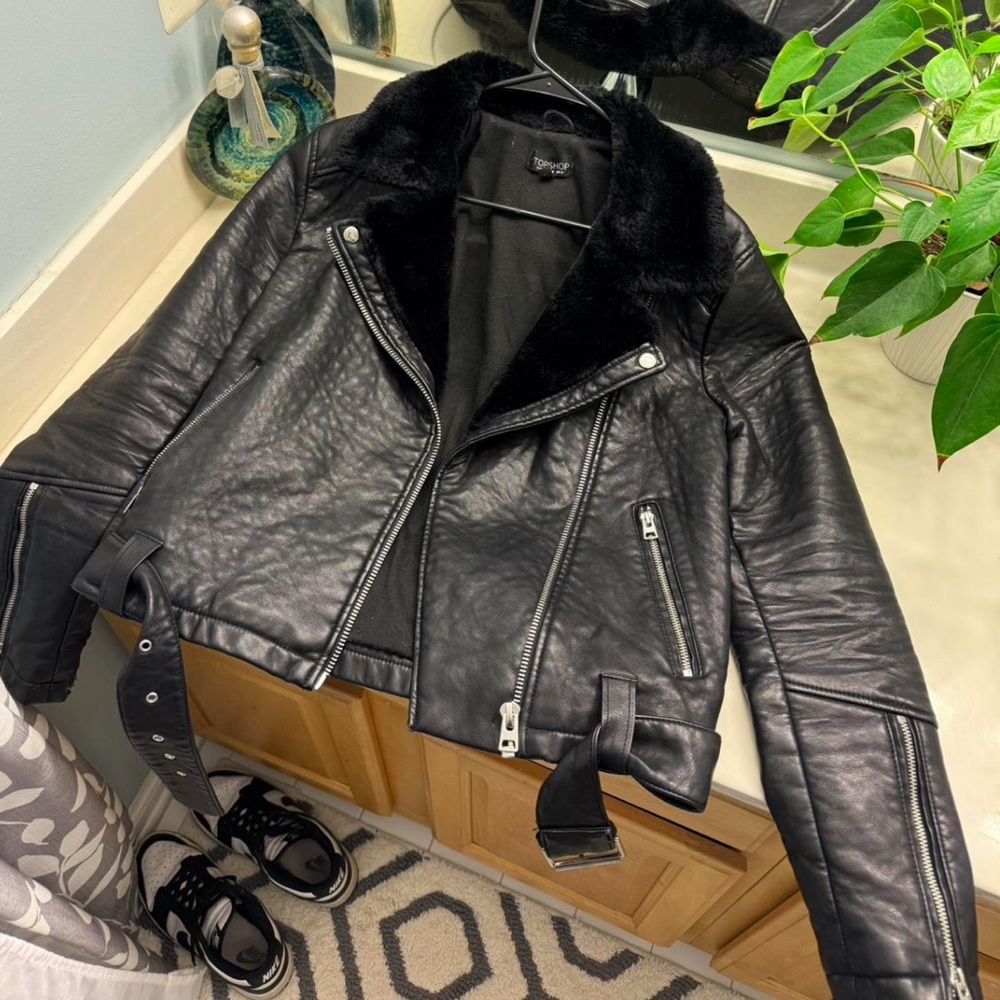 Topshop Black Leather Jacket with Faux Fur Trim